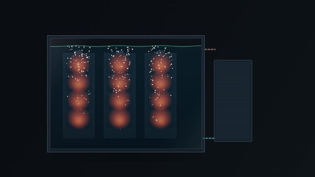 Technical animation of an industrial liquid immersion cooling tank with submerged multi-GPU server blades. Features dielectric fluid natural convection plumes, nucleate micro-boiling, and external hea
