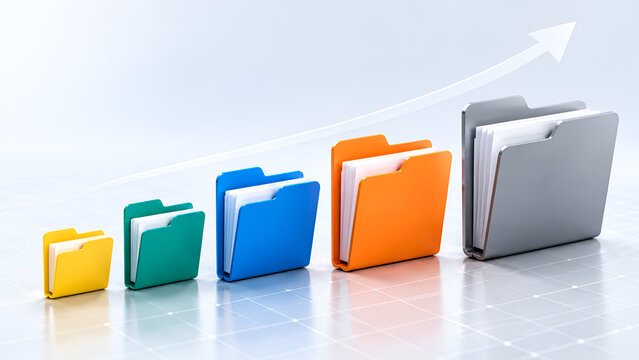 Document management system growth concept featuring colorful file folders increasing in size with an upward arrow