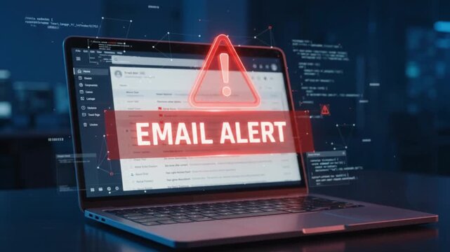 Laptop screen displaying urgent email security notification with glowing red warning symbol in motion video footage