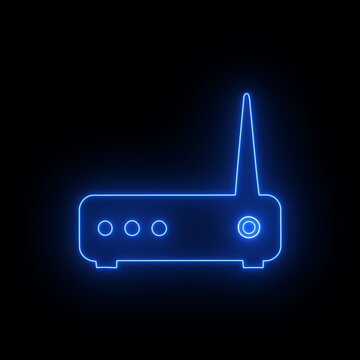 Glowing blue neon wifi router icon against a dark black background