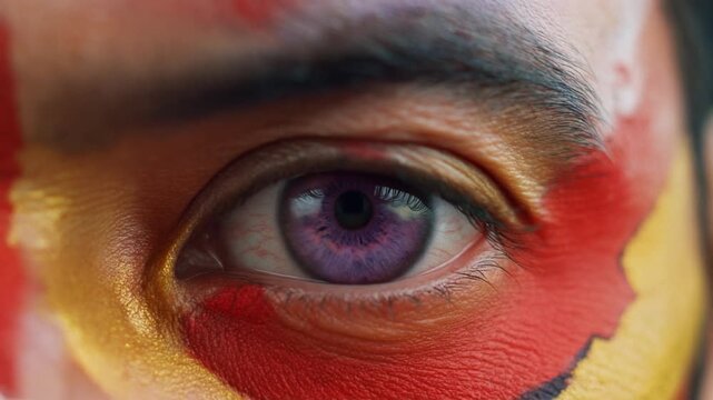 Extreme macro photorealistic footage of a fictional adult male rugby player's eye, vivid violet purple iris with Spanish flag face paint