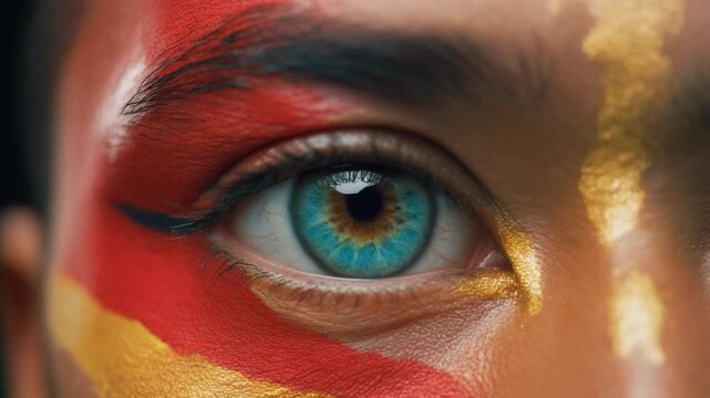 Extreme macro photorealistic footage of a fictional adult male rugby player's eye, brilliant cyan iris with Spanish flag face paint