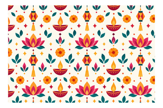 Premium Diwali Seamless Pattern with Diyas, Lotus, Marigold and Indian Festive Motifs