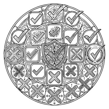 Intricate decorative mandala featuring checkmark and cross icons surrounding a central shield in a hand-drawn pattern for choice and validation.