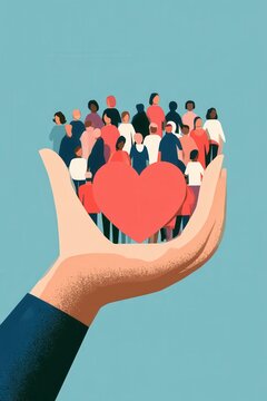 A single large hand, flat vector with a heart, holding many small, diverse figures