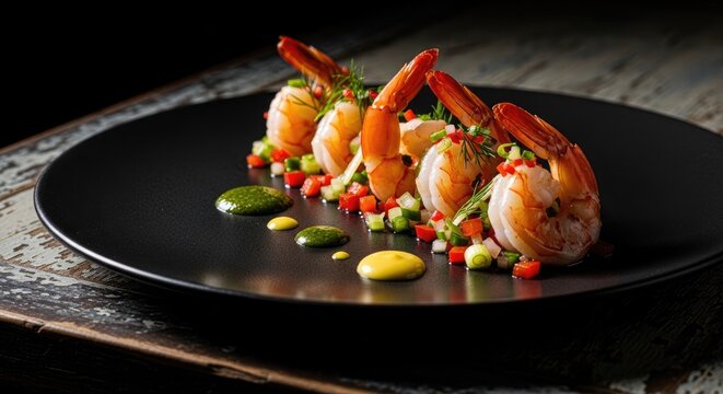 Exquisite Shrimp Appetizer Plated on a Black Plate with Garnishes.