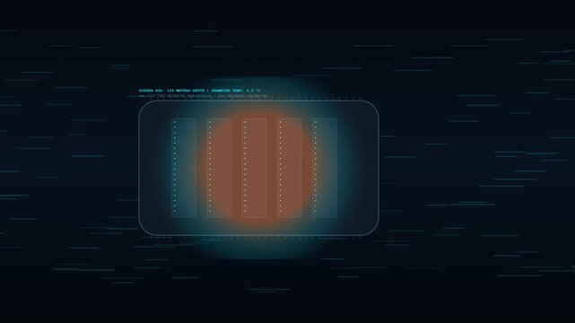 Technical animation of a submerged deep-sea modular data center pressure vessel. Demonstrates internal server heat conducting through a titanium ribbed hull into cold deep oceanic currents without mec