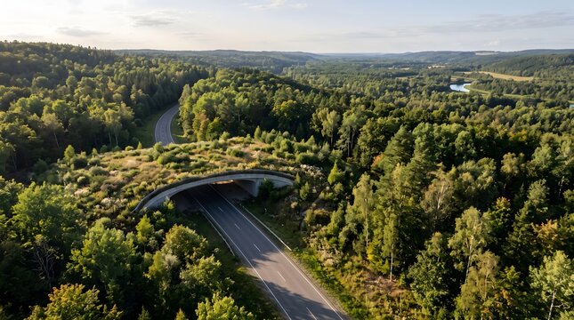 Aerial view of wildlife overpass crossing forest highway