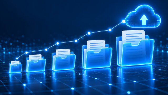 Cloud data storage migration concept with rising digital folders and upward trend line representing business growth
