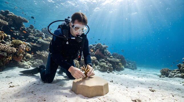 Scuba diver transplanting coral on reef restoration site