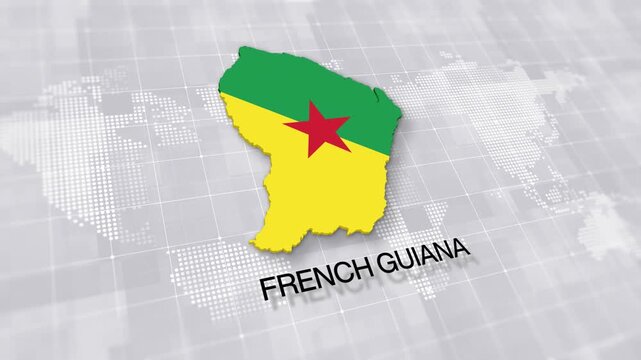 French Guiana map with national flag on white digital world map background, global political, geographic border for international news concept with minimal background