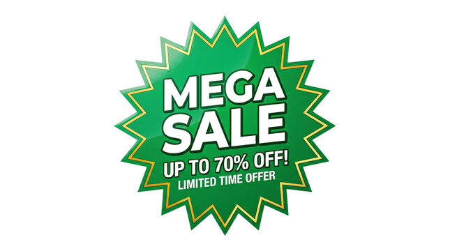 Mega sale discount star badge. Green price tag with white text. Promotional sticker for retail