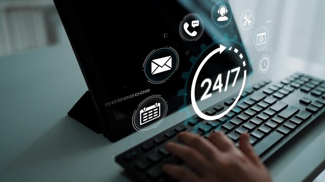 A person using a modern keyboard while engaging in 24-7 online communication with icons representing support, contact, and information flow. Entropy.