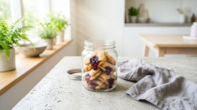 Fresh homemade blueberry thumbprint cookies in a clear glass jar on a stone kitchen countertop with bright natural light and indoor plants.