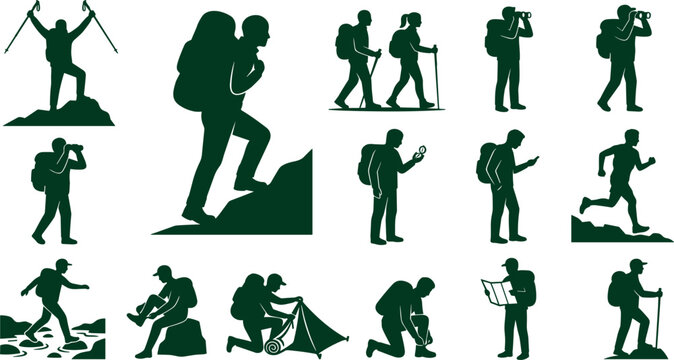 Hiking and Outdoor Adventure Silhouette Icon Set Featuring Backpackers, Mountain Climbers, Camping, Trail Running, and Wilderness Trekking Active Lifestyle Graphic Vector Designs