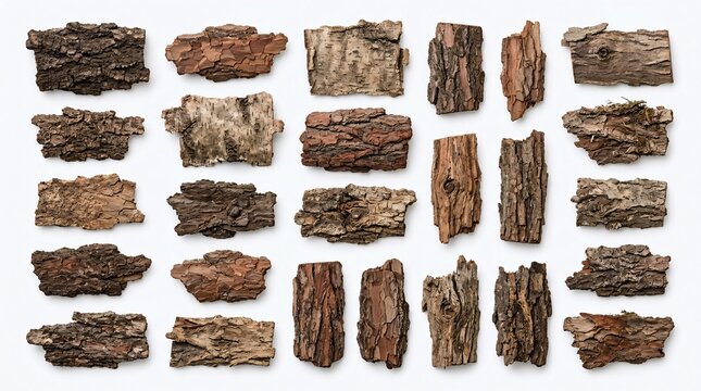 Various pieces of natural brown tree bark neatly organized in a grid layout on a white background.