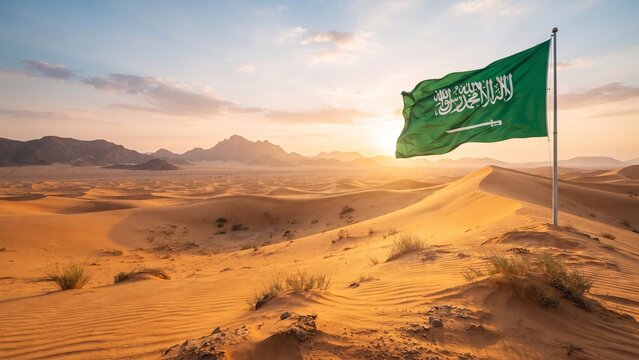 Saudi Arabia national flag waving on flagpole in desert sand dunes at sunset with mountains in background. 