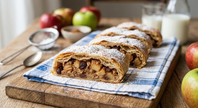 Freshly baked apple strudel slices dusted with powdered sugar on a rustic wooden board, served with whole red apples and glasses of milk, traditional European autumn dessert composition.