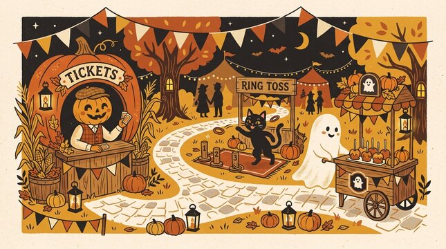 Halloween fair illustration with ticket booth and ring toss game