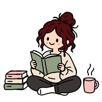 Cute Girl Reading a Book with Coffee Hand Drawn Illustration