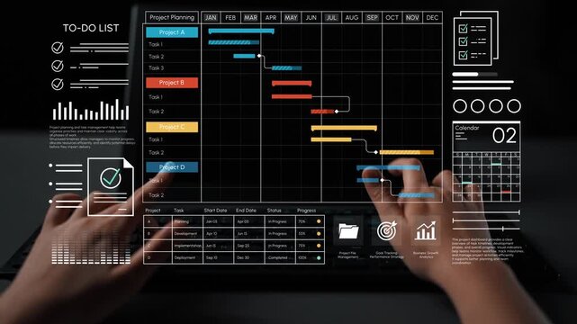 Detailed Gantt Chart Visualization for Project Management with Hands on Laptop, To-Do List, and Progress Tracking Elements for Effective Planning. Entropy.