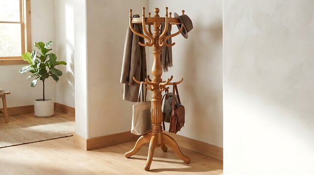 Vintage style turned wood coat stand in sunlit hallway.