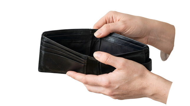Hands Holding an Empty Black Leather Wallet Isolated on White Background. Financial Crisis, Bankruptcy, and Poverty Concept.