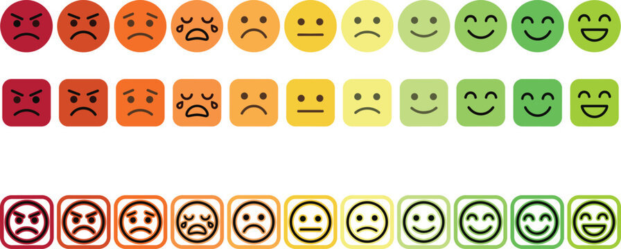 Customer Satisfaction Rating Scale Icon Set with Emoji Faces Ranging from Angry Red to Happy Green for Feedback Surveys and Review Interfaces