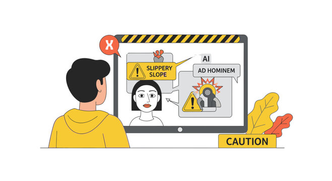 Man Analyzing AI Logical Fallacies and Online Warning Signs on Screen Illustration