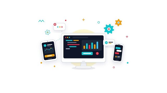 Business data analytics dashboard shown on computer and smartphones