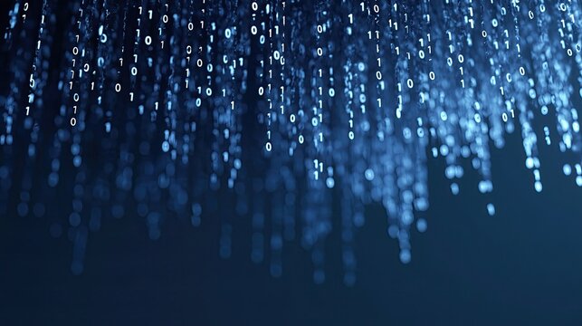 Blue binary code digital rain data stream dark background cyber security programming technology