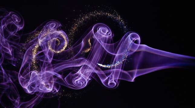 A mesmerizing purple magical smoke cloud with sparkling glitter trails moving dynamically through the air