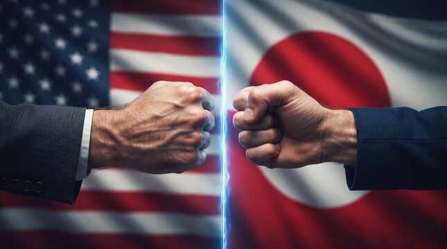 two executive fists confronting each other with electric lightning aura against american flag and greenland flag background