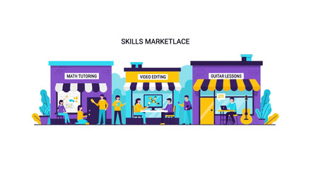 Fototapeta premium Online Skills Marketplace Vector Illustration for Education and Freelance Services