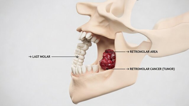 Retromolar cancer open jaw anatomical 3D render, labeled oral tumor inside retromolar region with last molar tooth