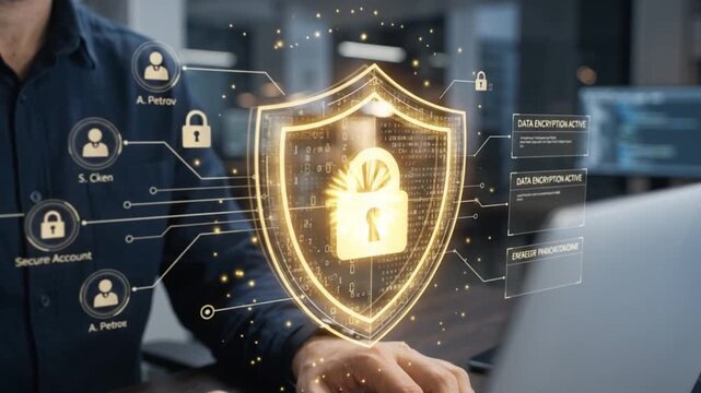 Programmer developing advanced cybersecurity software in motion video clip with glowing shield and digital interface elements