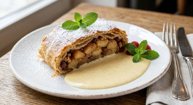 Traditional apple strudel slice with vanilla sauce, powdered sugar, mint, and raspberries on a white plate over a rustic wooden table setting.