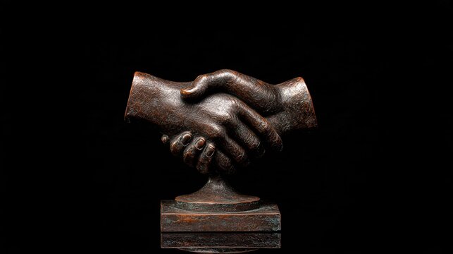 accord. Bronze handshake sculpture on a plain base, symbolizing diplomacy. event programs, museum guides, designed for cultural heritage projects and event programs, elevates cultural identity.