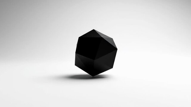 Minimalist 3D render of a black matte icosahedron polyhedron isolated in the center of a clean white studio background with soft lighting and floor shadows for copy space.