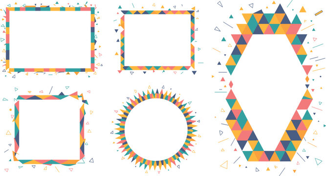 Abstract Geometric Low Poly Frame Border Set with Colorful Triangle Confetti Shapes for Festive Event Invitation and Birthday Party Banner Designs