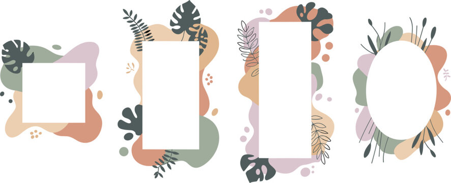 Minimalist Boho Floral Border Template Set with Organic Abstract Shapes and Tropical Monstera Leaves for Creative Social Media Post and Invitation Designs