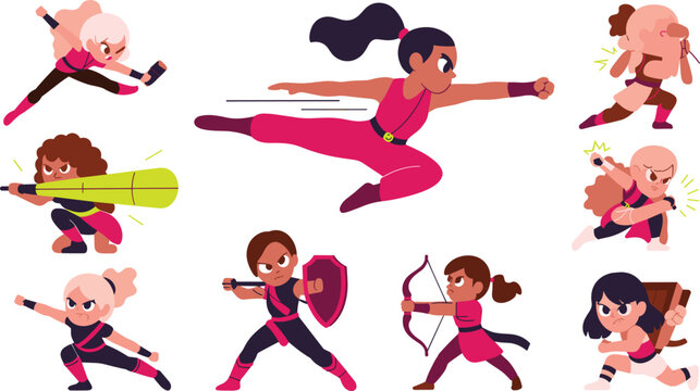 Cartoon Female Warrior and Ninja Character Asset Vector Set with Chibi Girls Fighting and Posing for Mobile Game UI and Animation Graphic Designs