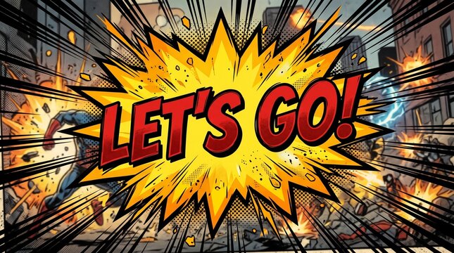 Dynamic comic book explosion burst with Let's Go text in city