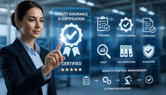 Quality Assurance and Certification Compliance Concept. Woman touching standard quality control certificate assurance guarantee for automation process. quality control management, Audit Documentation,