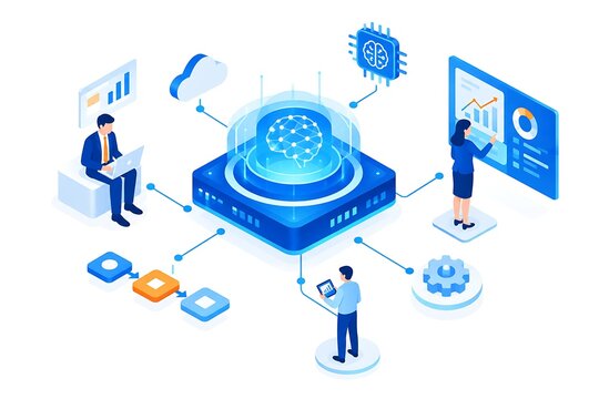 AI・人工知能によるデータ活用とデジタルビジネスの概念図｜AIチップ・クラウド・データ分析・DX・自動化
