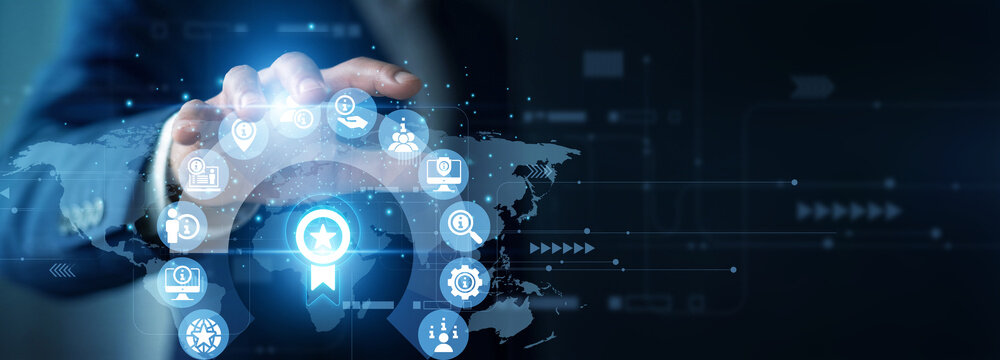 Product manager holding structure graph of Recommendation engines. Expert analyst analyzing user suggestions and system growth chart on hologram screen. Personalized commerce business strategy.