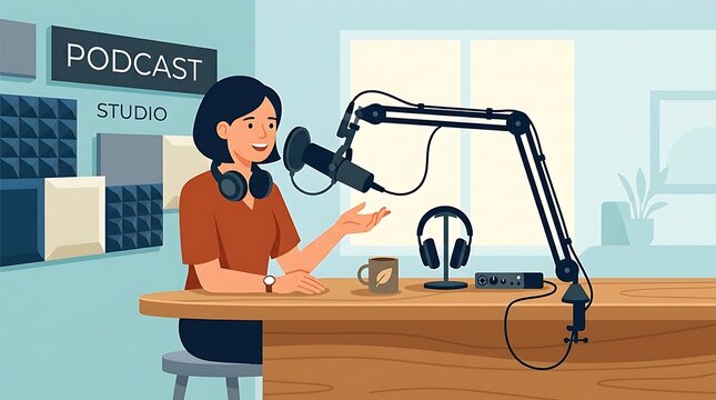 Person Speaking into Podcast Microphone, Voice Recording, Audio Broadcasting and Digital Media Communication Modern Flat Vector Illustration