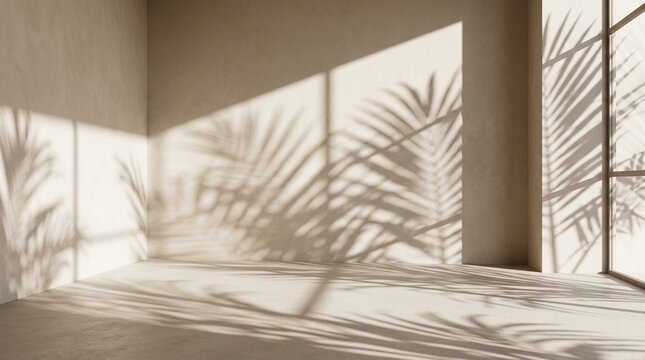 Bright Minimalist Room Corner with Large Window Light and Tropical Palm Leaf Shadows