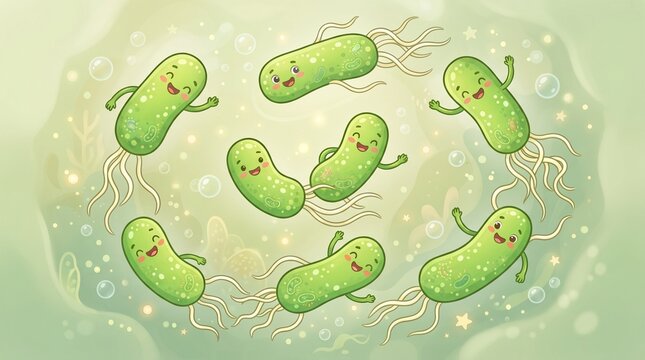 Illustration of a smiling, flagellated, rod-shaped green bacterium swimming in a circle. Green background, adorable cartoon style. Symbol of healthy probiotics, gut balance, and immunity.