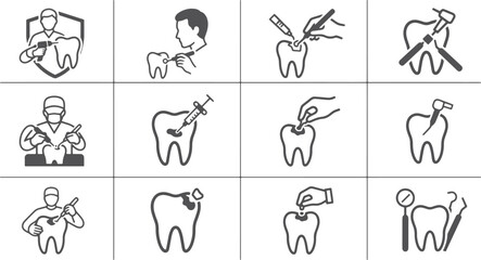Obraz premium Dentist performing dental care procedures on teeth, modern clinic symbols for oral hygiene and treatment.